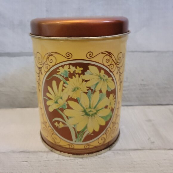 Vintage Floral Tin Canister With Copper Lid Daffodil & Daisy Design 4.5" Tall De - Picture 2 of 6